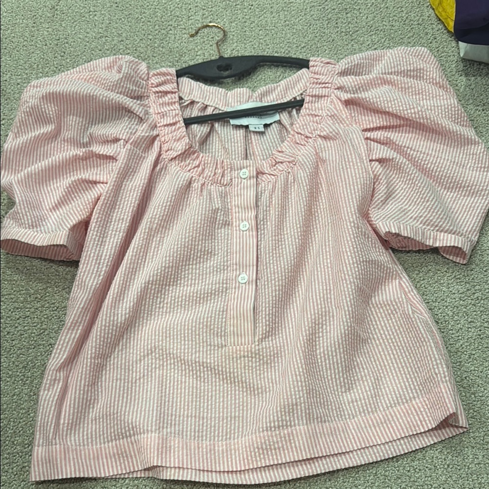 The Shirt by Rochelle Behrens Pink Striped Blouse
